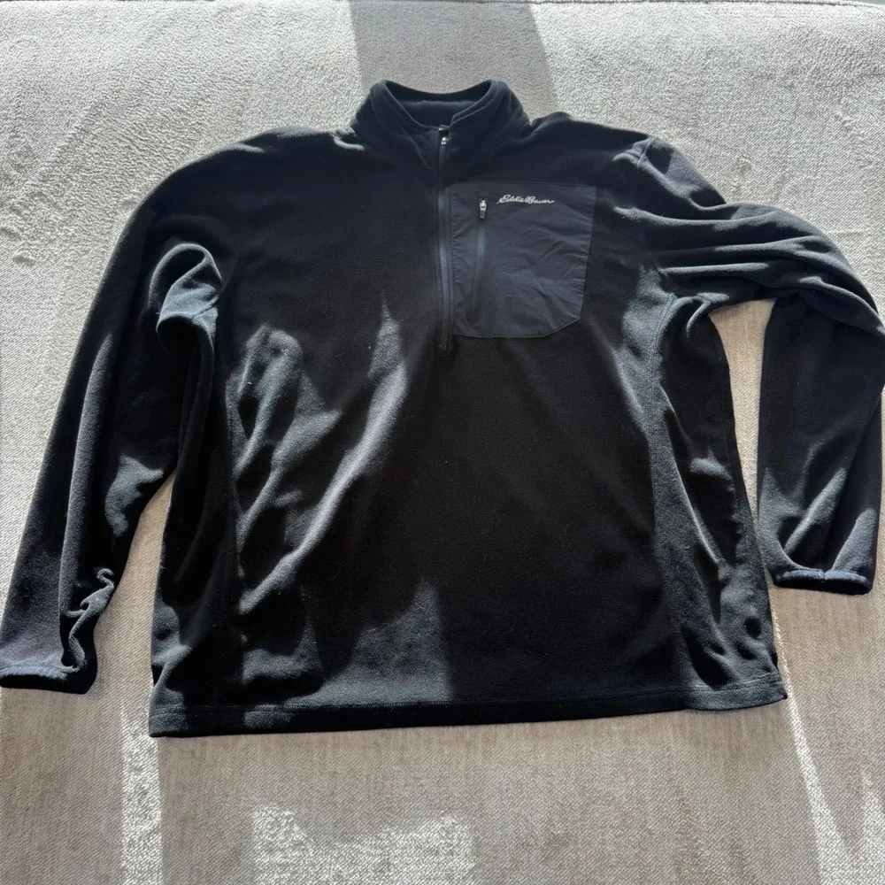 Eddie Bauer Mens XL Black Fleece 1/4‎ Zip Pullover Jacket Chest Pocket Mock Neck
